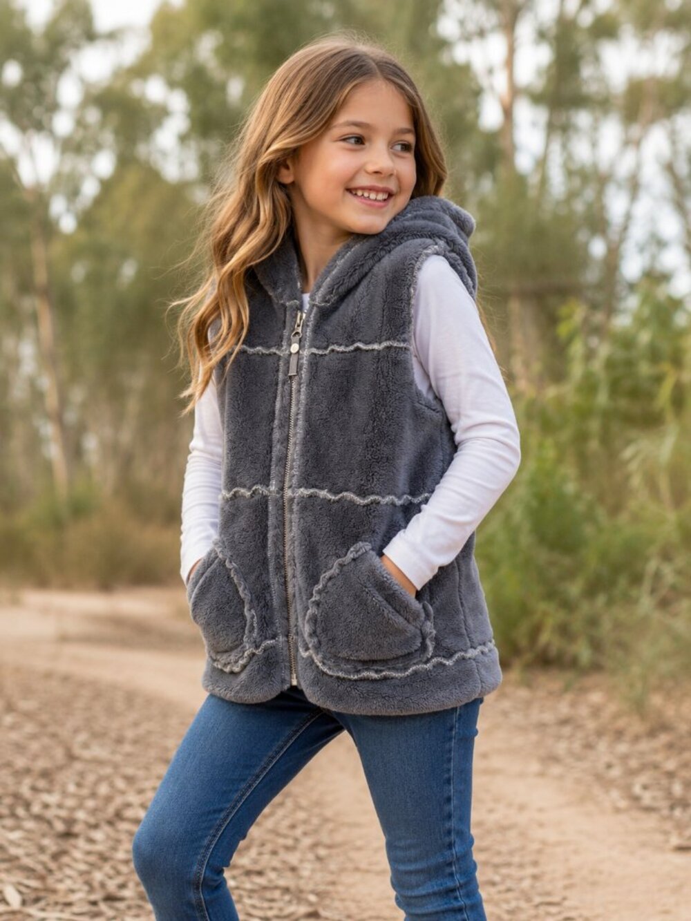 Girls Ragdoll & Rockets Gray Hooded Sherpa Fleece Vest Size 6X NWT Winter Layer